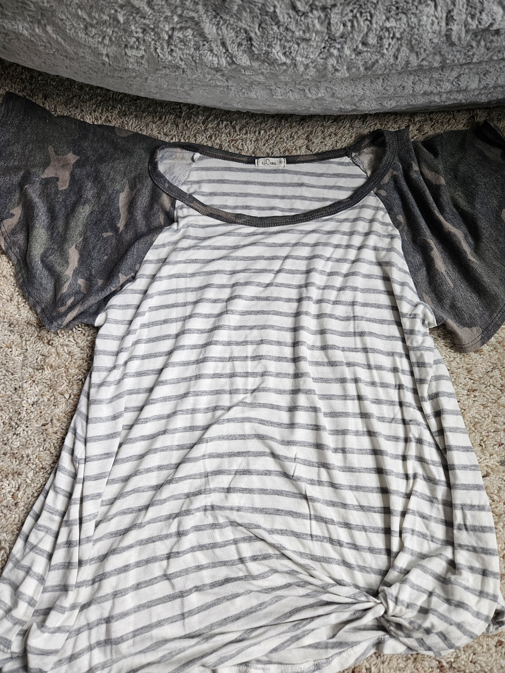 Striped Raglan Short-Sleeve Top with Camo Sleeves - White/Gray